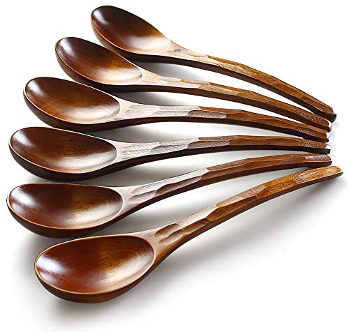 AOOSY Wooden Soup Spoons, 6 Pieces 7.84 inches Japanese Ramen Spoons Round Nanmu Wood Long Handle Kids Rice Dessert Cooking Tasting Dinner Table Spoon for Kitchen Restaurant