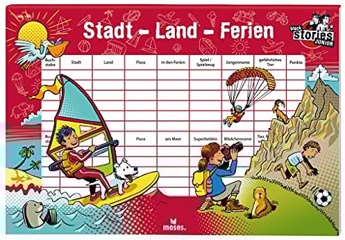 Moses Black Stories Junior Stadt-Land-Ferien I Die lustig Bunte Stadt-Land-Fluss Version für Kinder ab 8 Jahren Spielblock mit 50 Blättern 90078 Lustig Bunte Version