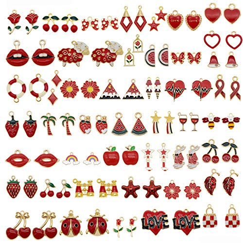 Julie Wang 60 pièces 30 paires mixtes émail rouge charmes pendentifs pour la fabrication de bijoux lot en vrac collier boucles d'oreilles Bracelet artisanat résultats