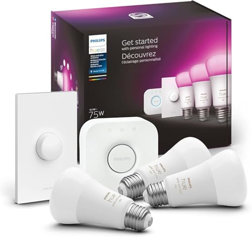 Philips Hue Kit de démarrage Smart Light – Comprend (1) pont, (1) bouton intelligent et (3) ampoules LED intelligentes A19 de 75 W – Ambiance blanche et couleur – 1100 lm – E26 – Contrôle avec