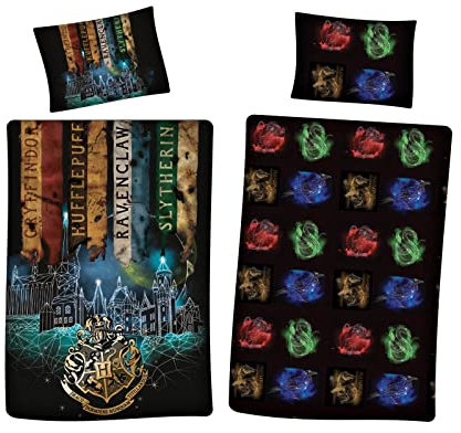TRENDHAUS Original Harry Potter Bettwäsche Wendebettwäsche Set,2-teilig, 135 x 200 cm, 80 x 80 cm, 100% Baumwolle, Linon, Hogwarts Schule