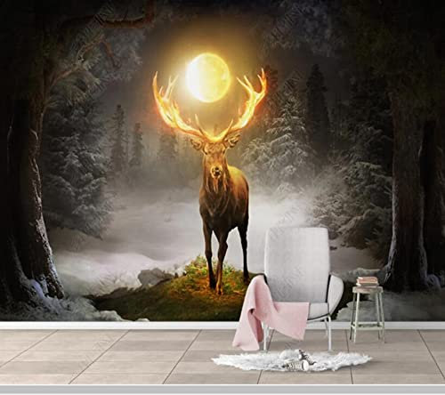 Frtmsticker Auto Adhésif Stickers 3D Muraux - Arbres Animaux Élans - Papier Peint Murales Panoramique 3D Papier Peint Personnalisé Photo Murale Cafe Tv Fond Peinture Murale 400X280Cm