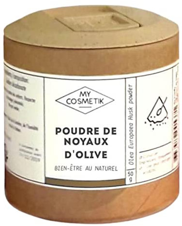MY COSMETIK - Poudre de noyaux d'olive - Exfoliant 100% Pur, naturel et d'origine végétale - Permet de réaliser un gommage rendant la peau plus lisse - Fabriqué en France - 50 g - en pot végétal