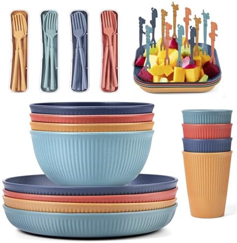 RHM 48Pcs Dinner Set for 4 - Camping Picnic Plates Bowls and Cutlery Set - Unbreakable Tableware - Microwave & Dishwasher Safe - Perfect for Camping, Picnic, RV, Dorm - Great for Kids, Elderly