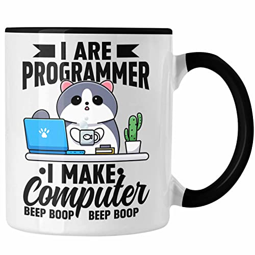 Trendation - Lustige Programmierer Tasse Geschenk Humor I Are Programmer I Make Computer Beep Boop Lustiger Spruch (Schwarz)