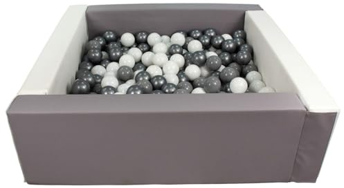 Velinda Piscine à balles carrée avec 300 balles, Cuir écologique, 5 éléments (Couleur de la Piscine/de balles: Blanc, Gris/Blanc, Gris, Argent)