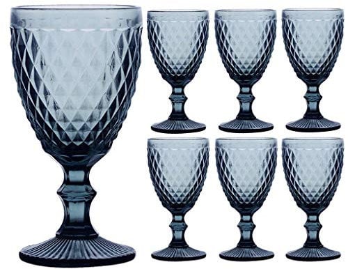 Set of 6 Wine Glasses Blue Diamond Embossed Dishwasher Safe 270ml Wine Glass Goblets