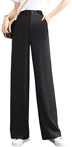 Tomwell Pantalon Femme Fluide Large pour Taille Haute élastique dans Le Dos de Travail d'affaires Costume Droit Chic Ample A Noir L, (HF220926HSJ-DE02-A-blk-L)