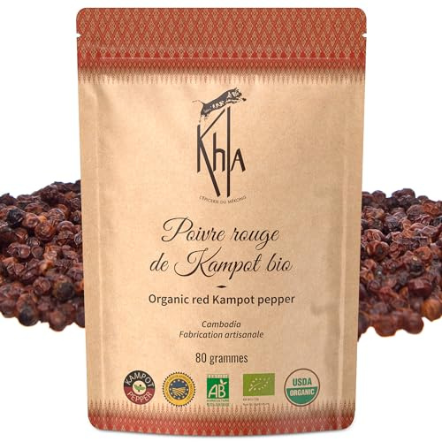 Khla - Kampot Pfeffer Rot Bio 80g - Roter Pfefferkörner Ganz Biologisch - Süß & Fruchtig - Zutat Küchen - Direkt vom Erzeuger