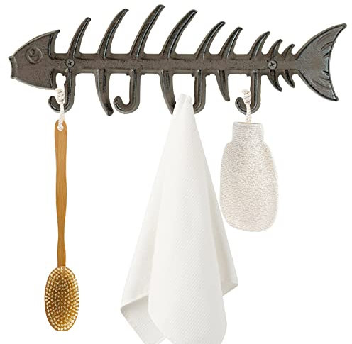 Woodside Decorative Fish Bones Wall Mounted Towel Rack, Cast Iron Rustic Coat Hanger, Fixings Included, Rustic Dark Brown Finish