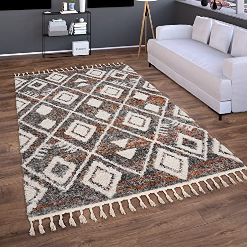Paco Home Hochflor Teppich Wohnzimmer Schlafzimmer Shaggy Boho Modern Skandinavisch Geometrisches Rautenmuster Fransen, Grösse:200x280 cm, Farbe:Bunt