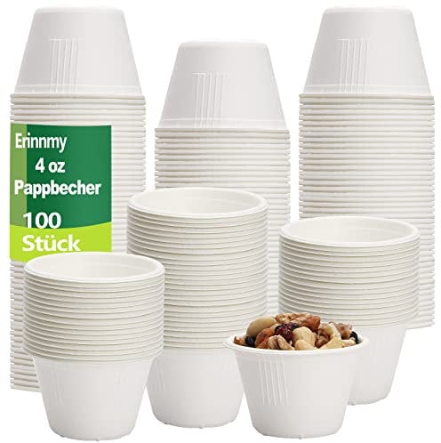 Erinnmy 100 Stück Souffle-Becher, 4oz Portionsbecher aus Bagasse-Faser, Papier-Souffle-Becher für Dessert Fingerfood Medikamentenverteilung Snack Dips, Weiß