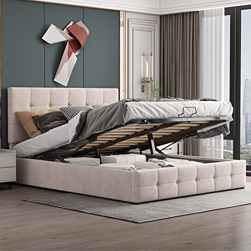 Polsterbett 140*200, Doppelbett mit Hydraulisch anhebbarer Bettstauraum, höhenverstellbares Polsterkopfteil, Metalllattenrost, Hautfreundlicher Samtstoff Doppelbett Erwachsenen Jugendbett (Cremeweiß)