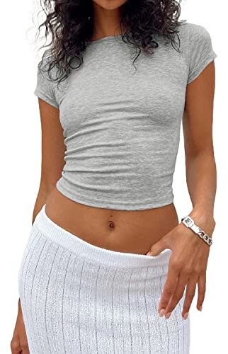 Damen Basic Fitted Short Sleeve T-Shirt Solid Skinny Crewneck Tee Shirt Y2k Tight Slim Crop Top 90s Summer Streetwear (Grau, S)