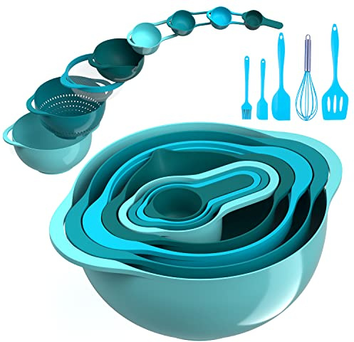 13 Pcs Mixing Bowls Set, RV Camping Accessories Set, Apartment Kitchen Gadget Easy Storage, Inculding Measuring Cups Colander Sifter Large Bowl Whisk Scraper, Great for Cooking and Baking, No BPA