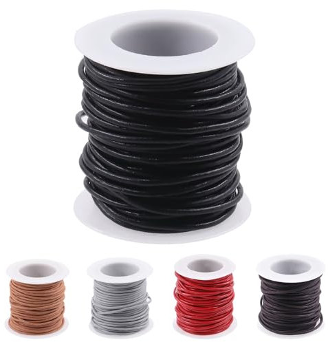 Rustark Bobine de cordon rond en cuir souple pour colliers, bracelets, lacets de chaussures, emballage de lacets, travaux manuels, fabrication de bijoux - Noir - 9 m x 2 mm