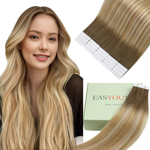 Easyouth Tape in Extensions Echthaar Balayage Tape in Haar Extensions Remy Menschenhaar Tape in Echthaar Extensions Mittelbraun Mix Honigblond und Platinblond 55 cm 50g #6/27/60