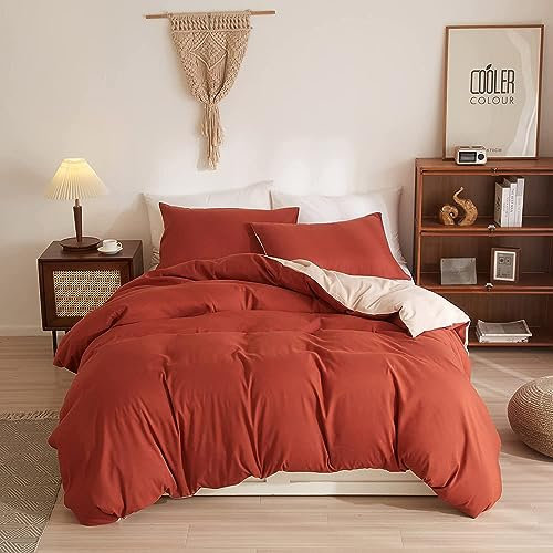 PinkMemory Burnt Orange Duvet Cover Double Modern Solid Reversible Terracotta and Beige Cream Bedding Set Pillowcases for Adult Teens 100% Brushed Microfiber Zipper Closure Corner Ties -Ultra Soft