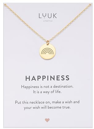 LUUK LIFESTYLE Feminine Halsketten aus Edelstahl mit schlichten Anhängern in zeitlosem Design, Glücksbringer, alltagstauglich und langlebig, HAPPINESS Spruchkarte, Geschenk, Silber, Gold, Roségold