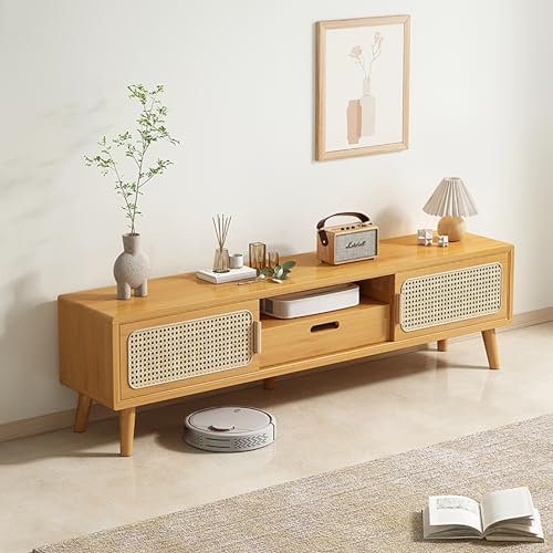 WOLWES TV Bank Bambus Lowboard, Schiebetüren, TV Tisch Fernseher Schrank TV Cabinet TV Möbel für Fernseher Bis 70 Zoll (Color : Rattan Door, Size : 1.4m-with Drawer)
