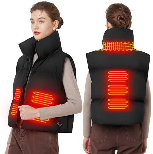 Veste Chauffante Femme avec 10000mAh Batterie Incluse, Gilet Chauffant Hiver Electrique Body Warmer Gilet Bouffant Sans Manches Manteau Gilet, Veste Courte Chauffante pour Sports de Plein Air
