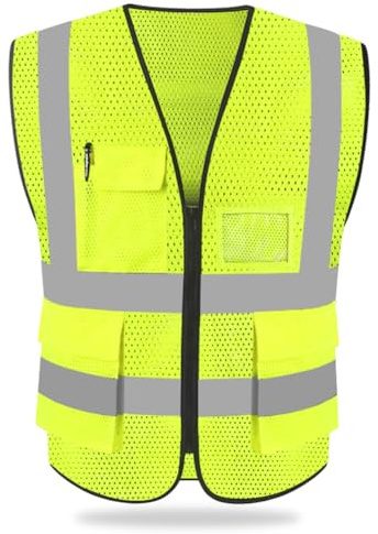 HYCOPROT Chaleco de Seguridad Reflectante Alta Visibilidad Ropa de Trabajo Gerente Ejecutivo Chaqueta de Chaleco Cremallera Brace Seguridad Teléfono Móvil Titular de Id de Bolsillo