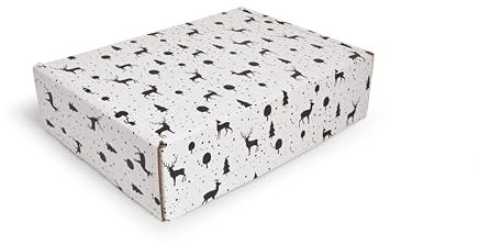 Faltkarton weiß 50 Stück Weihnachtsgeschenkbox mit Deckel 300x230x80mm - Geschenkbox mit Rentier Tannenbaum Motiv - Post Schachtel Versandkarton Warensendung ohne Kleber