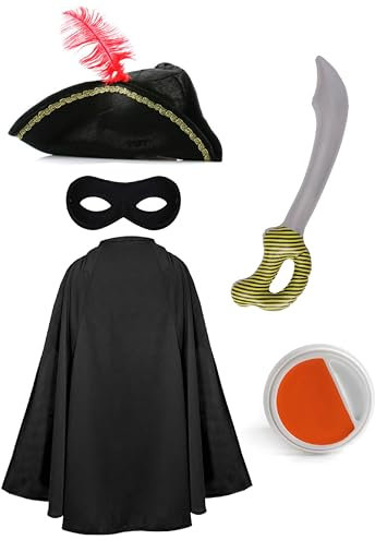 Kids Cat Bandit Costume - Black Tricorn Hat, Black Cape, Black Eye Mask, Inflatable Sword and Orange & White Facepaint - Childs TV Movie World Book Day Fancy Dress Costume