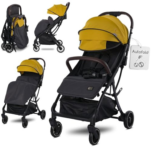 Lorelli Kinderwagen Minori, Sport Buggy klein zusammenklappbar, Autofold Einhand-Klappsystem, Nur 9,3kg, kompakter Sportsitz bis 22kg, Baby Reisebuggy mit Flaschenhalter, PU-Leder Handgriff, Gelb