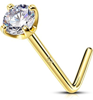 OUFER Body Piercing 0.6mm Nose Piercing Stud 9K Solid Yellow Gold Claw Set Round Crystal Stone 22G L Bend Nose Stud Piercing Jewellery Nose Bar