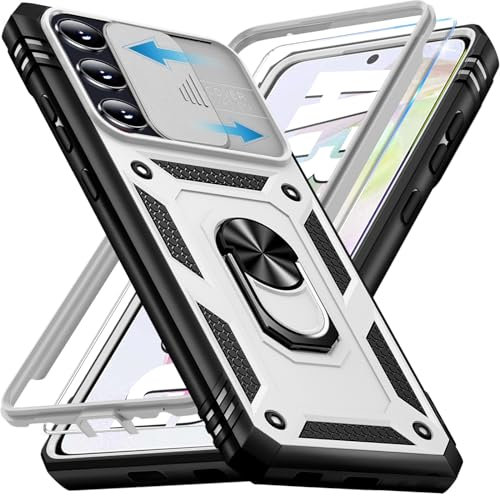 Giyer für Samsung Galaxy A35 5G Hülle mit Schutzfolie, Handyhülle A35 5G Tache mit Kameraschutz 360° Metall Ring Ständer Stoßfest Bumper Schutzhülle Samsung A35 Case Cover (Weiß)