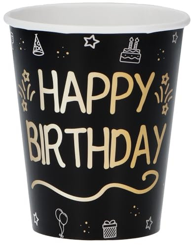 Folat Vaisselle Anniversaire Party Noir Or Argent Gobelets-Shining Glam-250 ml-8 pièces, 25045