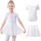 Kefiyis Ballettkleidung Mädchen Kurzarm Ballettkleid Baumwolle Balletttrikot Kinder Ballettanzug Ballettbody mit Chiffon Rock Tütü 3-11Jahre Weiß 140