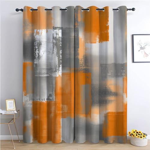 Verdunklungsvorhänge Gardinen mit Ösen Blickdichte Vorhänge Lärmschutzvorhang für Kinderzimmer Thermo Gardinen mit Farbblock Grau Orange Malerei Muster, 230 x 117 cm (HxB), Abstraktes Design 2er Set