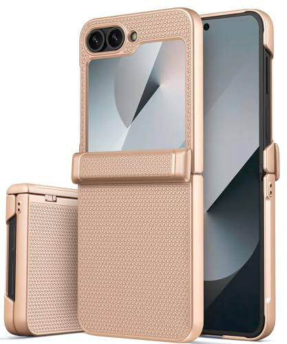 Vihibii für Samsung Galaxy Z Flip 6 Hülle mit Scharnierschutz & Display Schutzfolie, Ultra Dünn Stilvolle Textur rutschfest Case Stoßfest Robuste Handyhülle für Samsung Galaxy Z Flip 6 5G, Rosé Gold