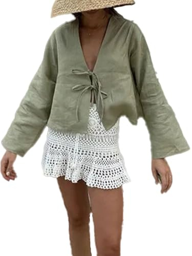 Chvity Tie Front Tops for Women Y2K Linen Shirts Flare Sleeve V Neck Going Out Coquette Clothes Casual Lace Up Bow Blouses, Green, L