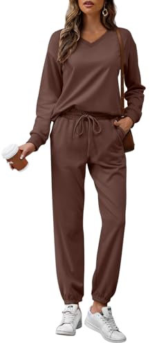 REORIA Damen Baumwolle Jogginganzug V-Ausschnitt Zweiteiler Elegant Langarm Trainingsanzug Hausanzug Sport Set Lounge Set Kaffee S