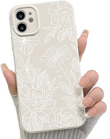 NITITOP Compatible with iPhone 12 Case Cute Aesthetic Floral Flower Rose Line Pattern for Women Girl Trendy Slim Fit TPU Silicone Shockproof Full Camera Protection Cover - White