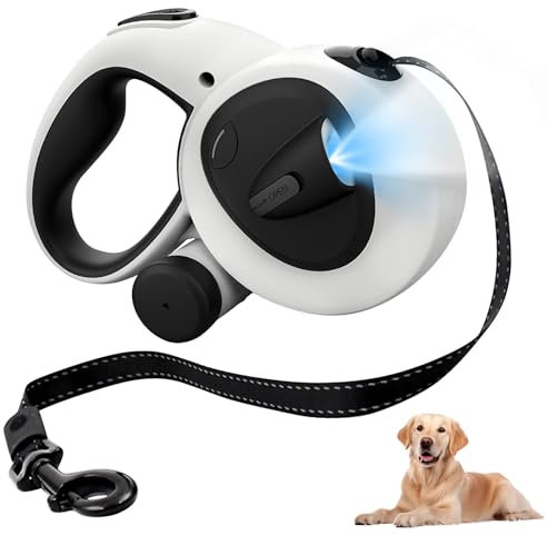 Hundeleine 5m, Rollleine für Hunde, Einziehbare Hundeleine mit Kotbeutelhalter, LED-Licht, Anti-Rutsch-Griff, Schnellbremsknopf, Laufleine für Kleine & Große Hunde bis 50kg