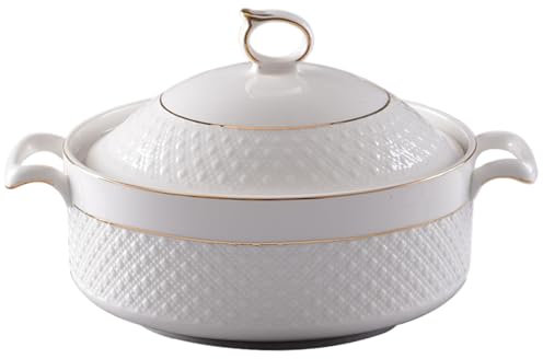Xweptuy Soup Tureen, 1.5L White Ceramic Serving Bowl with Gold Border, Double Handle, Lid & Ladle Set