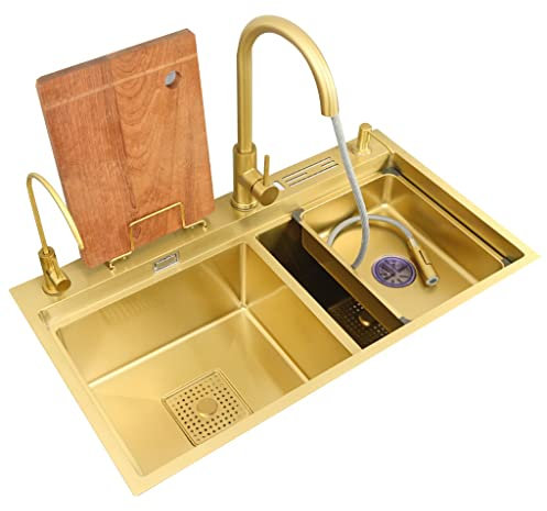 EYTFYZGL Küche Hochwertiges Gold-Edelstahl-Spülbecken Apartment Villa Küche Doppelbecken Spülbecken Eingebettete Spüle auf Plattform Spüle mit Wasserhahn Armaturen Spülen