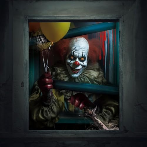 JOFONY Halloween Window Decorations Halloween Scary Clown Scene Curtain Cover Window Door Cover Scary Decor for Halloween Scary Haunted House Party Decorations