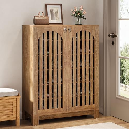 Tribesigns Armoire à chaussures 6 étages, portes à lamelles, 24 paires meuble à chaussures ferme, étagères réglables, étagère bois entrée/salon (marron)