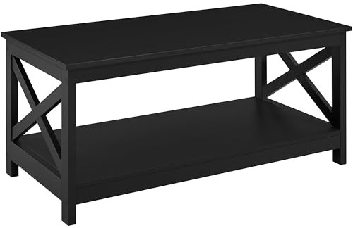 Yaheetech Couchtisch Kaffeetisch mit 2 Ablagen Sofatisch X-Form Stütze Wohnzimmertisch aus Holz Einfacher Aufbau Moderner Beistelltisch für Wohnzimmer/Balkon/Büro, 100 x 50 x 45 cm Schwarz