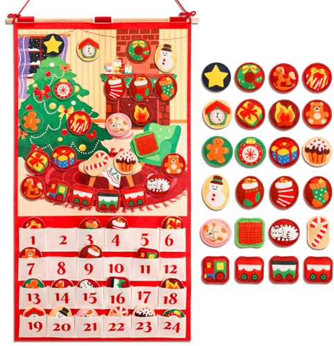 DPKOW DIY Filz Adventskalender 2026, Weihnachtskalender Adventskalender zum Befüllen Aufhängen mit 24 Klettverschluss Gefüllten Ornamenten, Weihnachtsdeko Wohnzimmer Szene, mit 24 Taschen und Stange