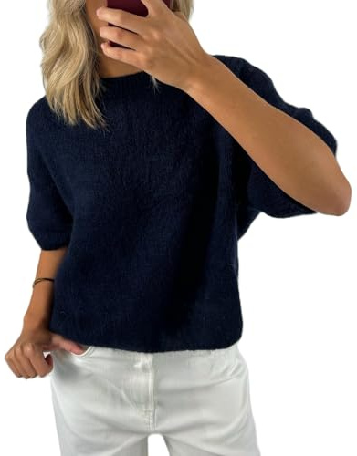 Womens Short Sleeve Jumpers Fuzzy Crewneck Sweaters Basic Puff Sleeve Knit Pullover Tops Oversized Loose Casual Tunic Tops Knitwear