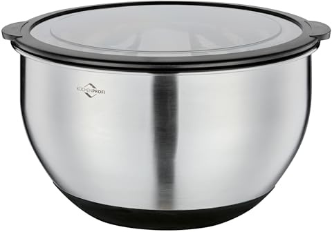 KÜCHENPROFI Schüssel mit Deckel DELUXE, Ø 24 cm, Rostfreier Edelstahl, Rutschfeste Schüssel, Mit Silikonboden und Innenskala, Inklusive Transparentem Deckel
