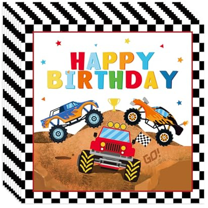 Nymora 20 Stück Hot Wheels Geburtstagsdeko Servietten, Rennwagen Deko Papierservietten 33x33cm für Auto-Themenparty, Cars Tischdeko mit Bagger & Traktor Motiven
