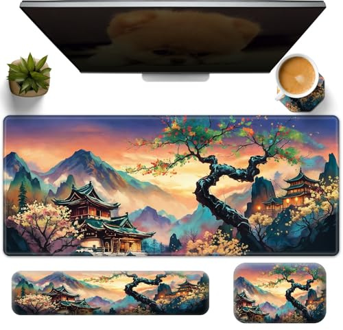 4PC Japanese Large Gaming Mouse Pad + Memory Foam Ergonomic Keyboard Wrist Rest Support + Wrist Rest + Coaster, Extended Desk Pad Set, Stitched Edge Non Slip Desk Mat for Office & Home, Japanese