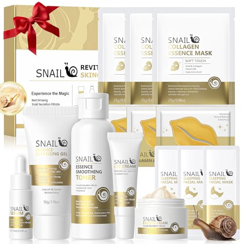 Snail Skin Care Set 14 Stück, Gesichtspflege Set Damen | Snail Hautpflege Set 8-in-1, Enthält Cleanser, Gesichtstoner, Cream, Augencreme, Masken Gesicht, Schlafmasken und Lippenmaske